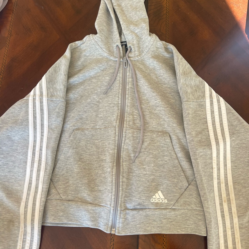 Adidas Grey Oversized Cropped Athletic Zip Up Hoodie Size XS